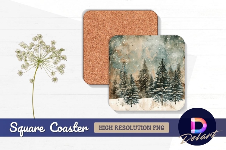 Winter pine forest watercolor landscape Square Coaster PNG