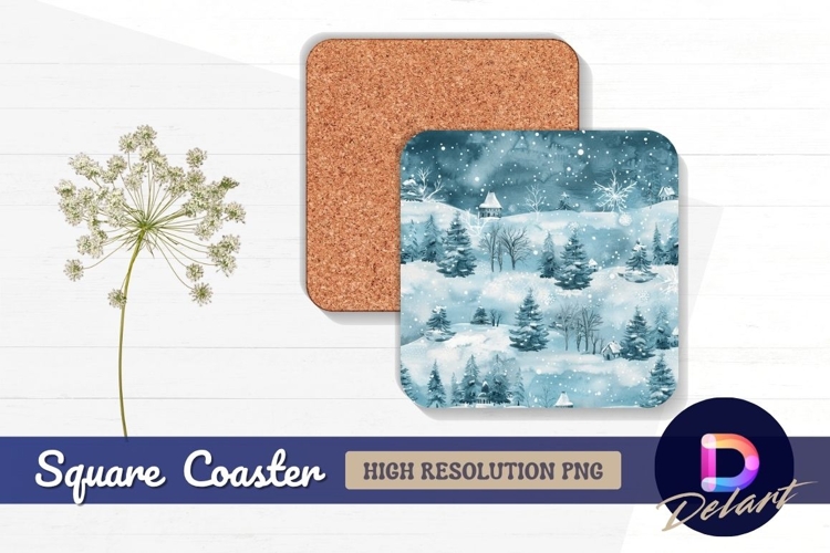 Watercolor winter landscape Square Coaster PNG