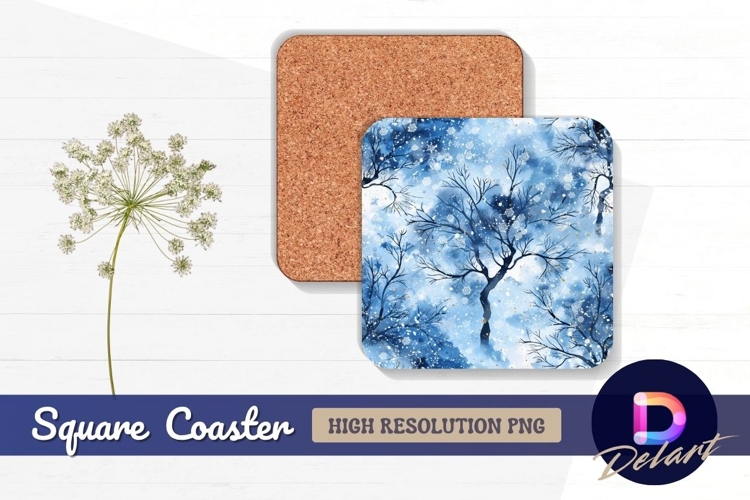 Winter trees watercolor snowflakes Square Coaster PNG