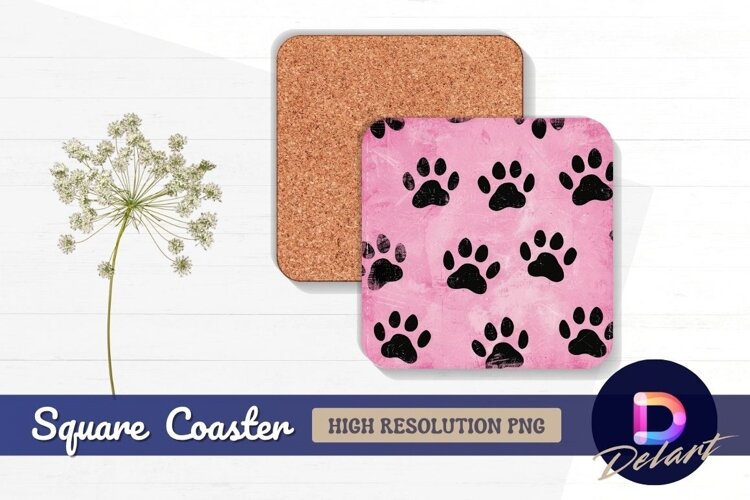 Pink paw print pattern for Square Coaster PNG example image 1