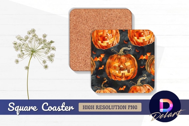 Watercolor halloween pumpkins bats dark pattern Square Coast