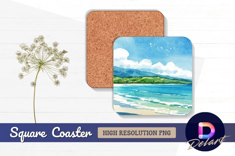 Watercolor beach landscape with Square Coaster PNG