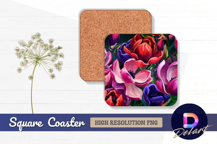 Vibrant floral arrangement square coaster png