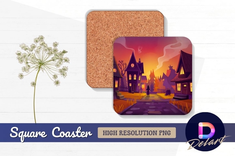 Spooky halloween village with witches and Square Coaster PNG