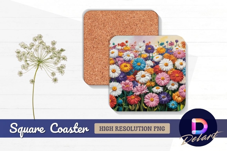 Colorful daisies meadow artistic square coaster png