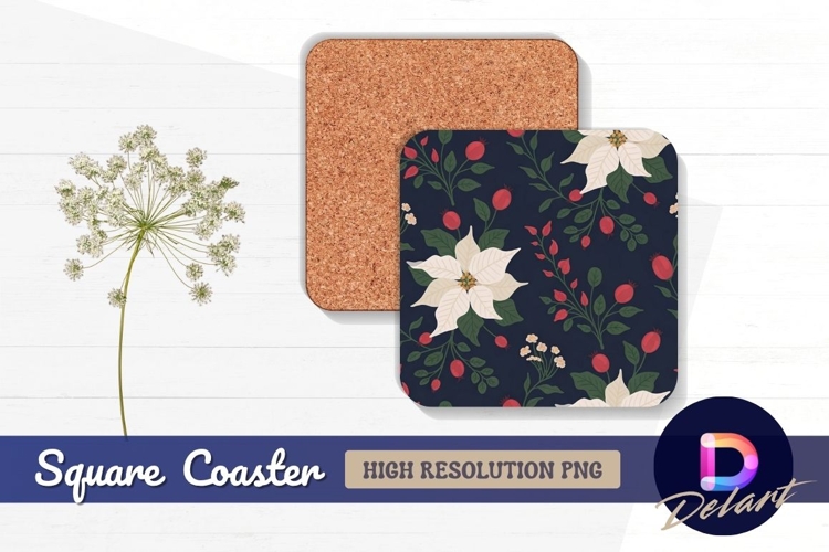 Floral poinsettia and berry Square Coaster PNG