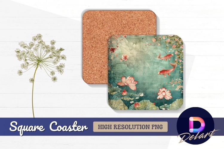 Koi fish and lotus flowers serene pond Square Coaster PNG