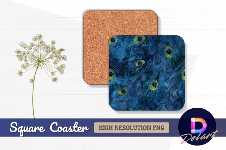Peacock feathers watercolor Square Coaster PNG
