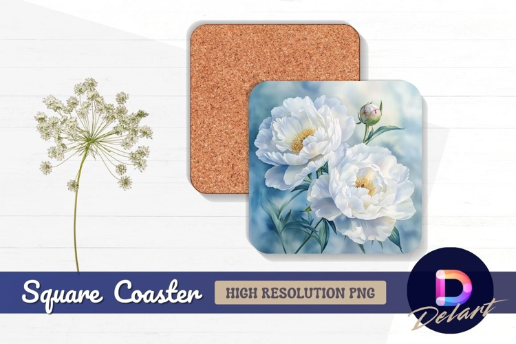 Watercolor white peonies with bud Square Coaster PNG