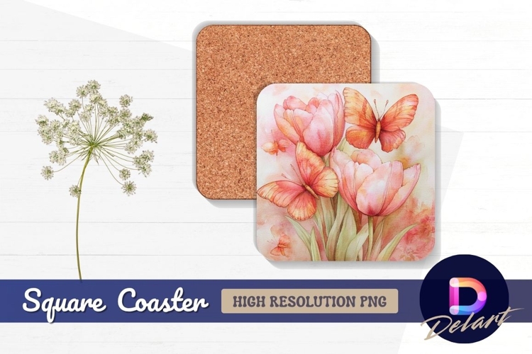 Watercolor tulips and butterflies Square Coaster PNG