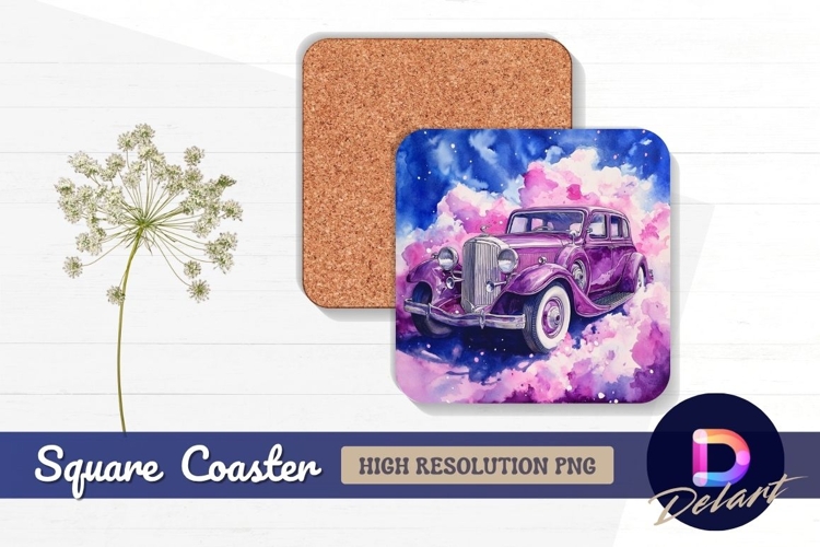 Watercolor purple vintage car in Square Coaster PNG
