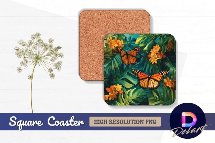 Monarch butterflies with tropical leaves Square Coaster PNG