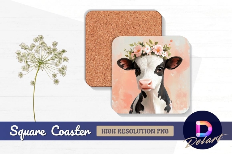 Cute cow calf with floral crown portrait Square Coaster PNG