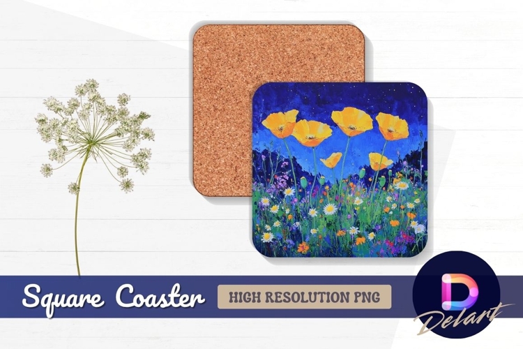 Vibrant yellow poppies on night field Square Coaster PNG