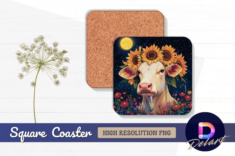 Cow with sunflowers under moonlit Square Coaster PNG