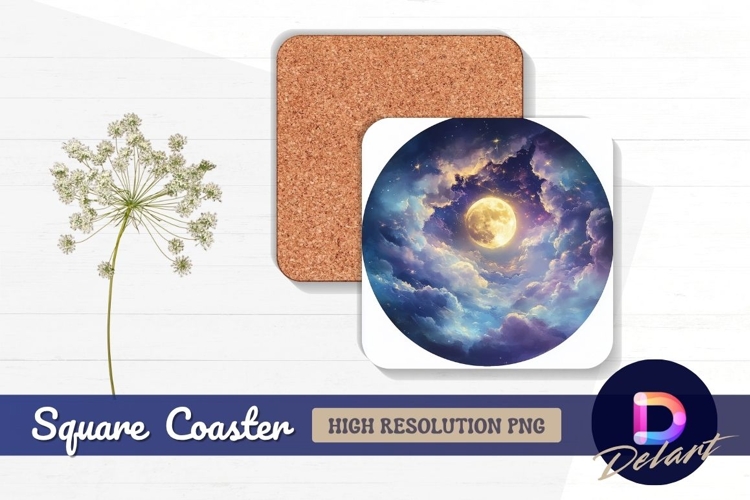 Ethereal moonlit night sky square coaster png