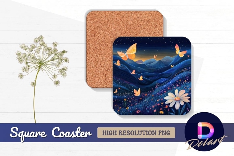 Whimsical butterfly meadow square coaster png