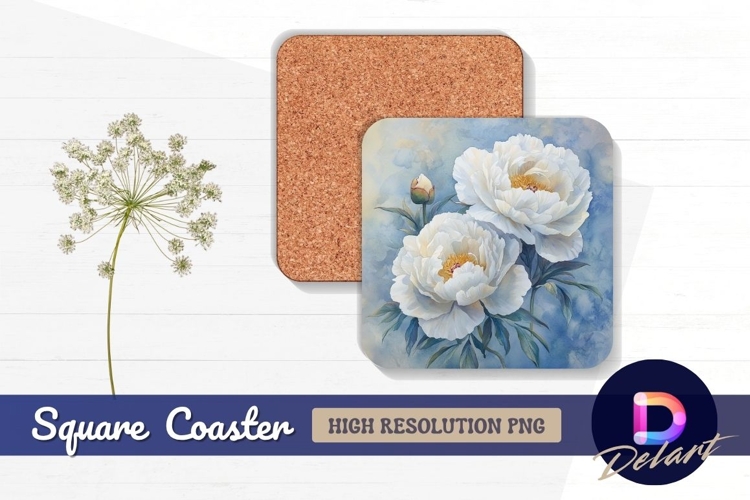 Watercolor white peonies floral painting Square Coaster PNG
