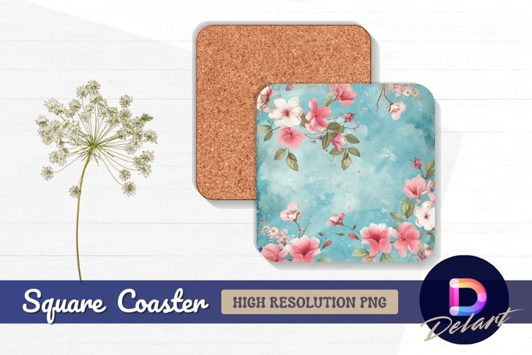 Floral pattern with pink blossoms on blue Square Coaster PNG