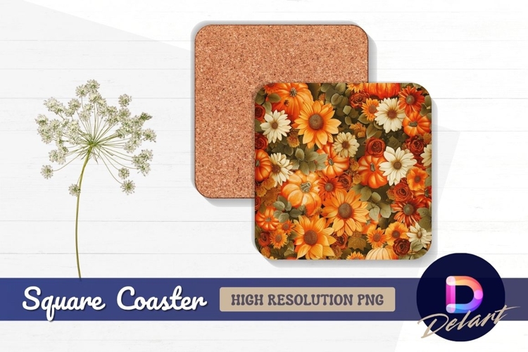 Autumnal flower and pumpkin pattern Square Coaster PNG