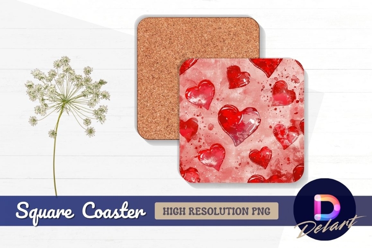 Red watercolor hearts valentines Square Coaster PNG