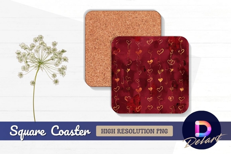 Golden hearts on maroon Square Coaster PNG