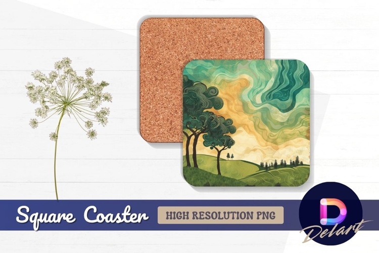 Stylized landscape with trees and cloudy Square Coaster PNG