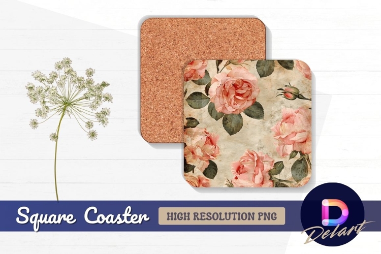 Vintage roses on textured Square Coaster PNG