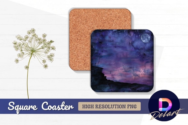 Watercolor night sky with moon and stars Square Coaster PNG