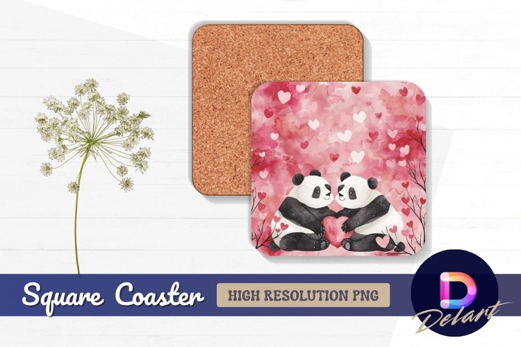Watercolor pandas holding heart Square Coaster PNG