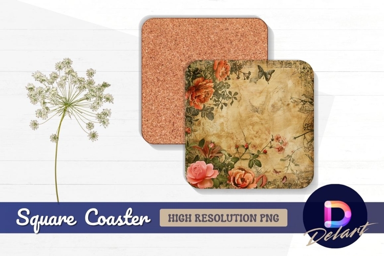 Vintage floral roses background square coaster png