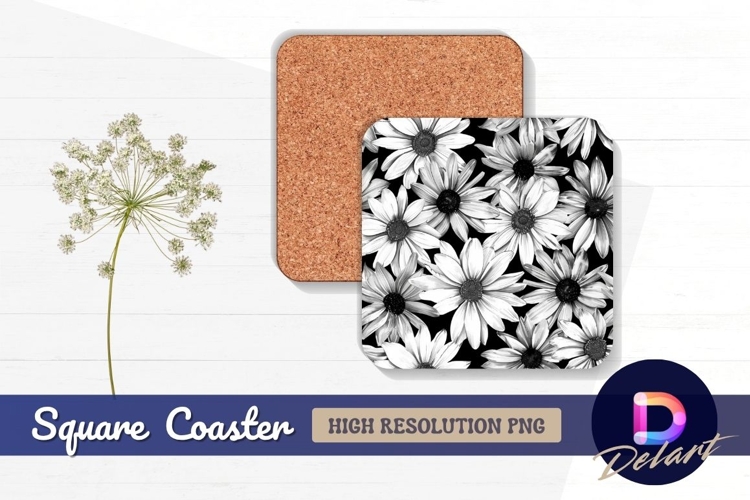 Black and white daisy floral Square Coaster PNG
