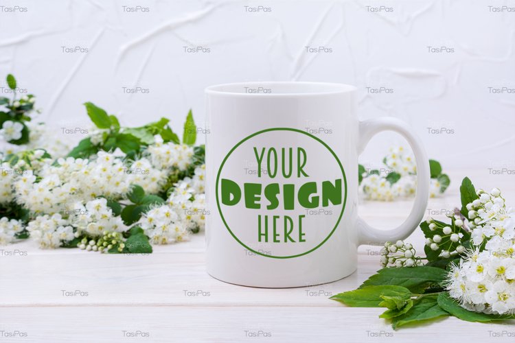 White coffee mug mockup with viburnum flowers