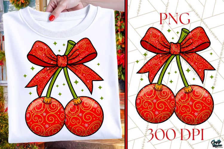 Gold Glitter Patterned Christmas Ornament Cherries PNG