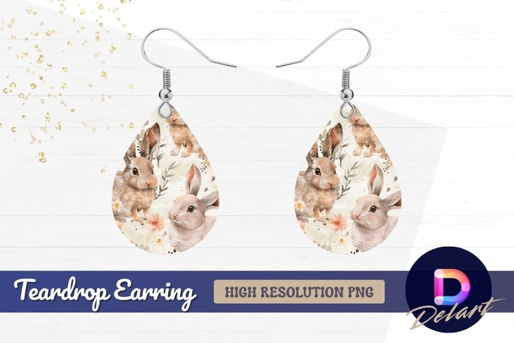 Watercolor bunnies with floral Teardrop Earring PNG