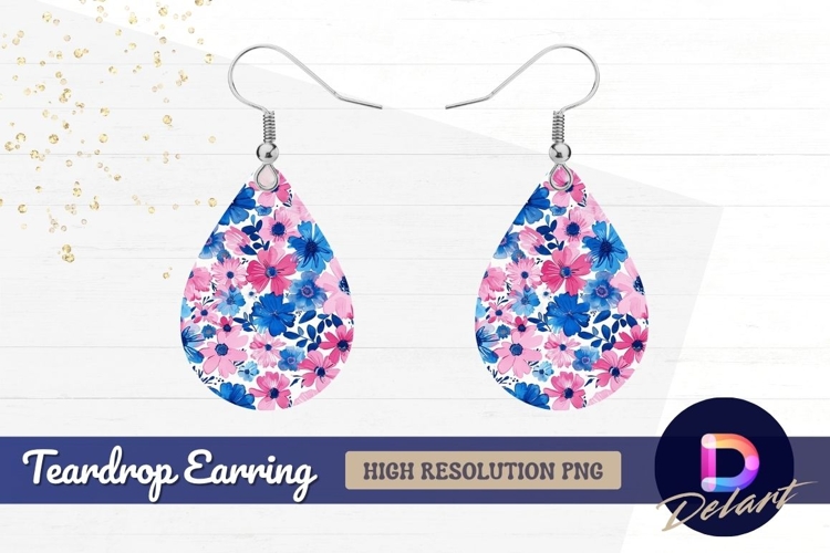 Pink and blue watercolor floral pattern Teardrop Earring PNG