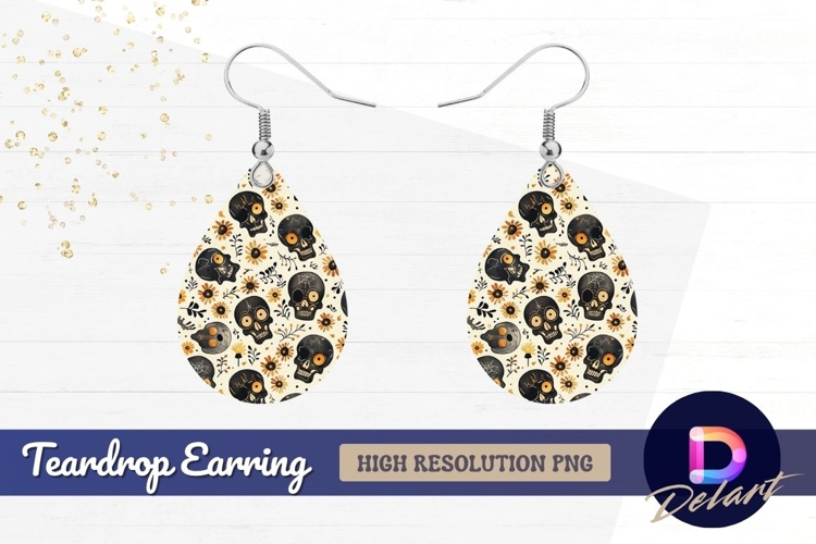 Dark skulls with flowers Teardrop Earring PNG