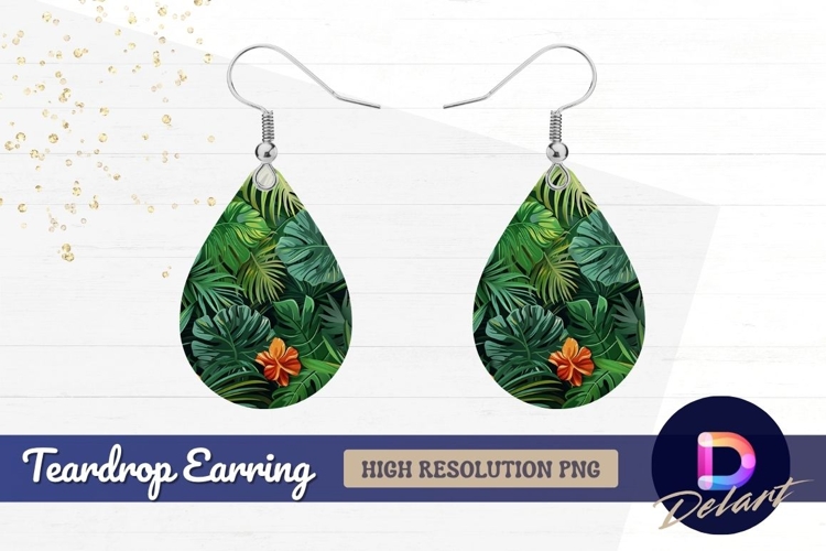 Tropical foliage pattern with hibiscus Teardrop Earring PNG