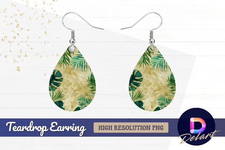 Tropical leaves background Teardrop Earring PNG