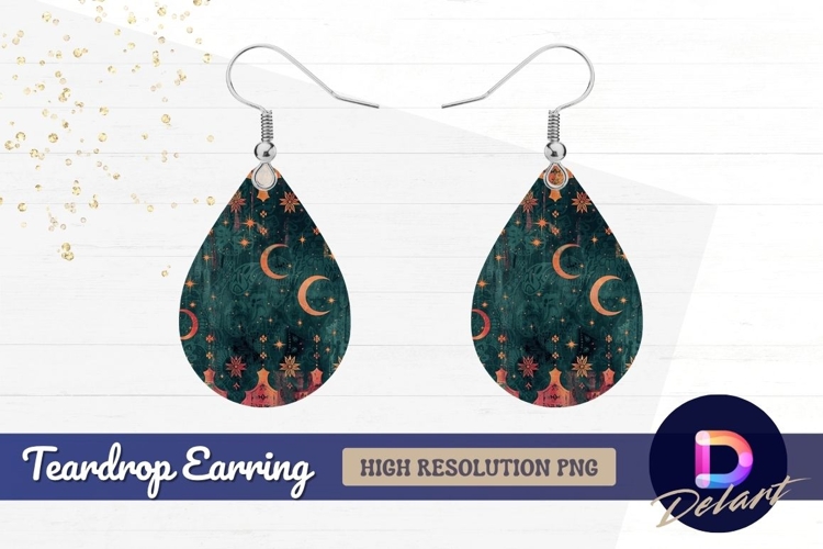 Celestial moon and star bohemian Teardrop Earring PNG