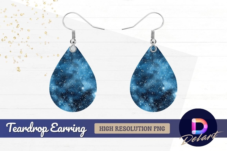 Blue watercolor galaxy with stars Teardrop Earring PNG