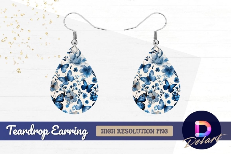 Blue watercolor butterflies and flowers Teardrop Earring PNG