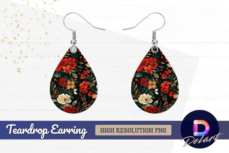 Floral pattern red flowers dark Teardrop Earring PNG