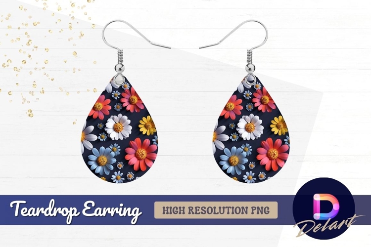Colorful daisy flowers on dark background Teardrop Earring P