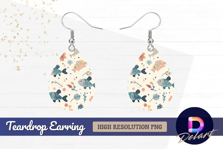 Cute fish and floral pattern Teardrop Earring PNG