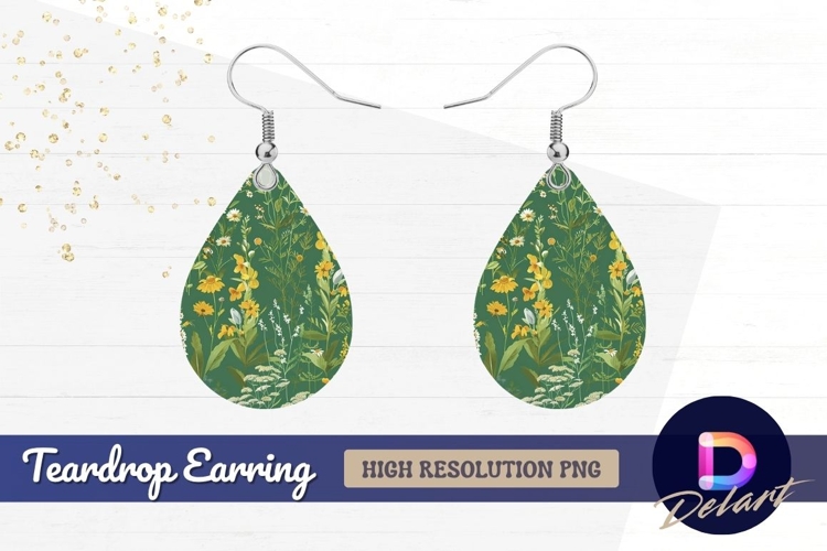 Wildflower meadow pattern on green Teardrop Earring PNG