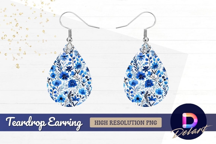 Blue floral watercolor Teardrop Earring PNG