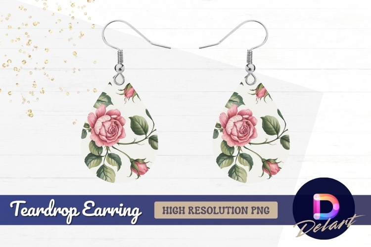 Pink roses and buds floral background Teardrop Earring PNG