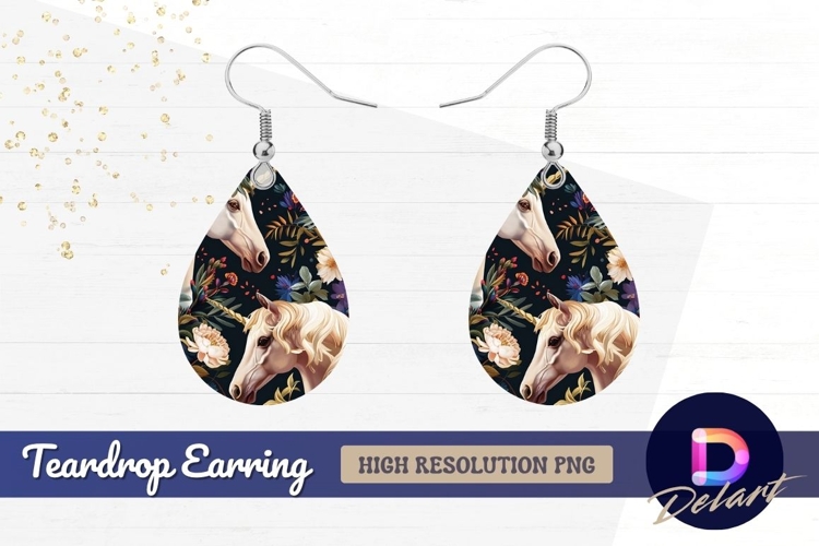 Floral unicorn pair dreamy fantasy Teardrop Earring PNG