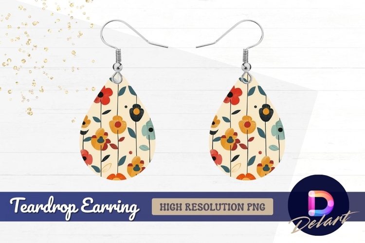 Retro floral pattern colorful flowers Teardrop Earring PNG